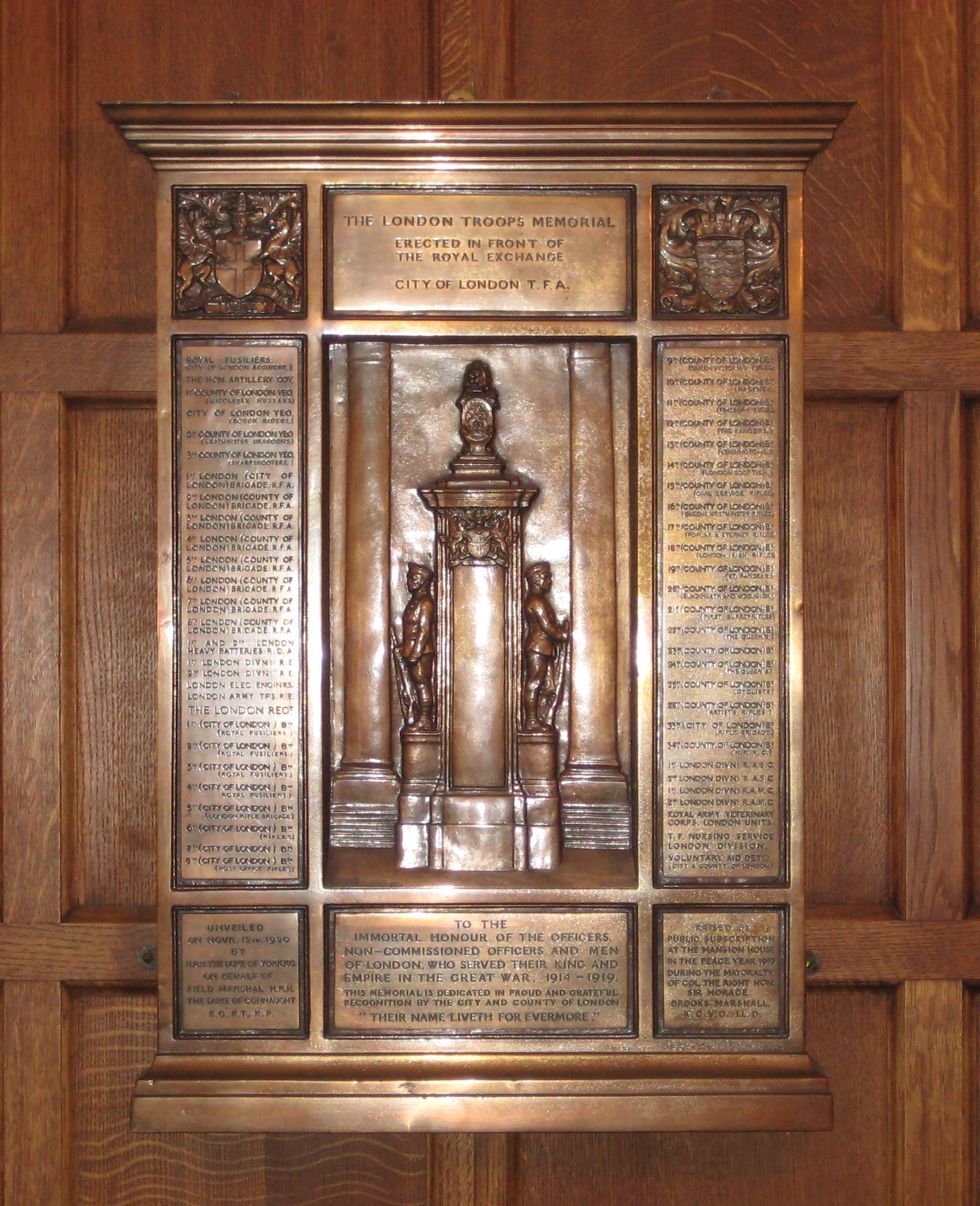 A bronze plaque that was presented to all units listed on the London Troops Memorial